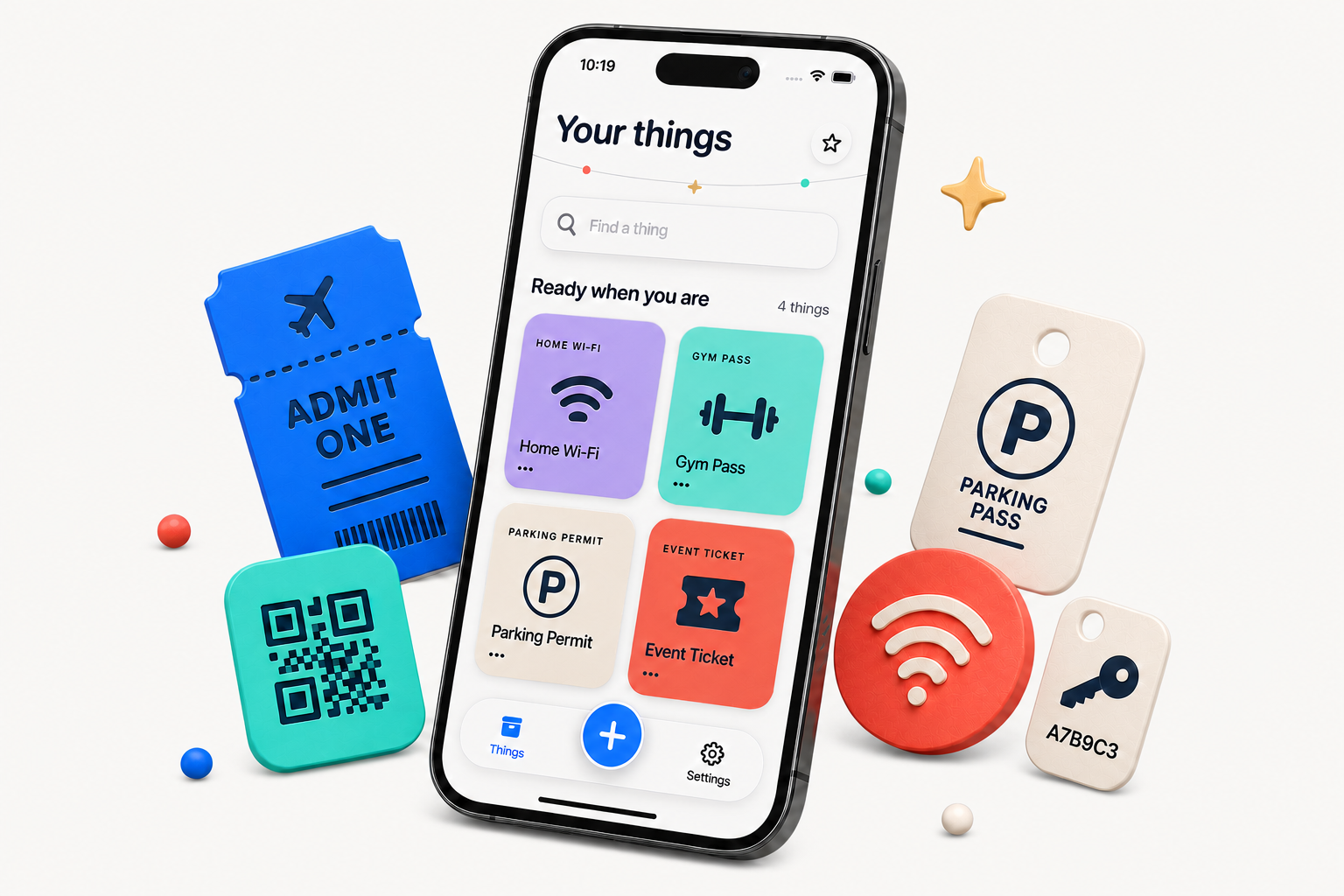 Thingamajig Library on an iPhone, surrounded by a ticket, QR code, Wi-Fi token, parking pass and key tag